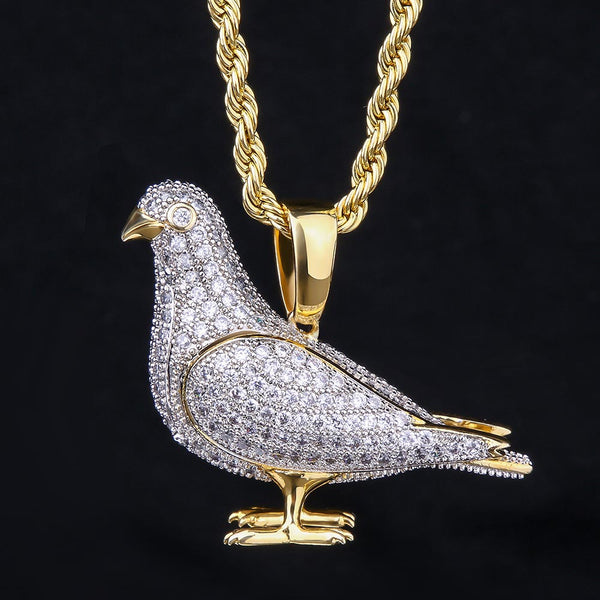 Iced Out Pigeon Mens Pendant Necklace in 14K Gold