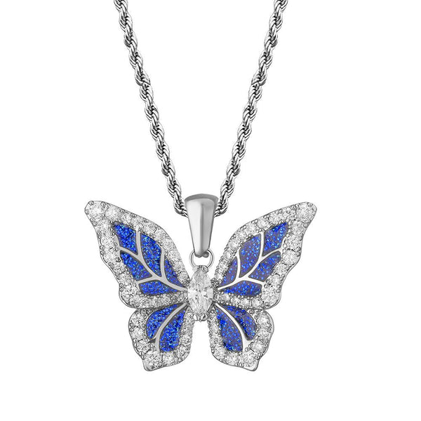 Iced Out Cubic Zirconia Blue Butterfly Pendant