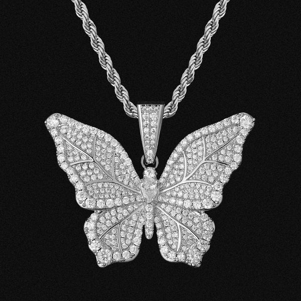 Iced Out Mens Big Butterfly Pendant in White Gold