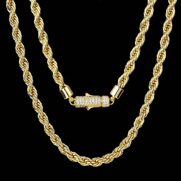 6mm Iced Out Lock Mens Rope Chain in 14K Gold
