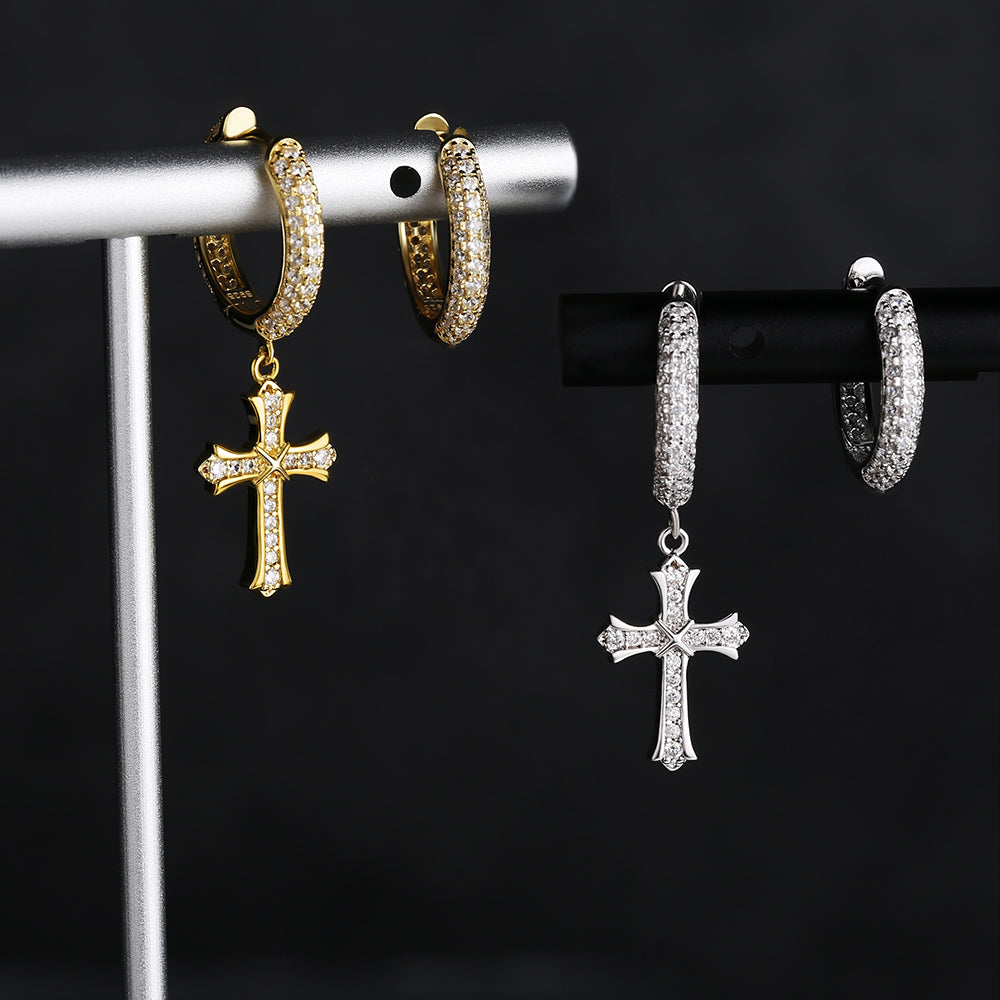 Gold Hoop Earrings for Men with CZ Dangle Cross KRKC