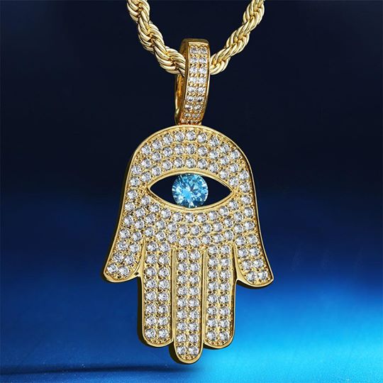 Iced Out Hamsa Hand Mens Pendant Necklace in 14K Gold
