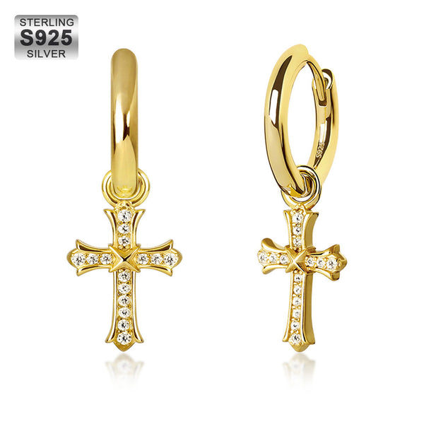 S925 14K Gold/White Gold Diamond Dangle Cross Mens Earrings (15mm)