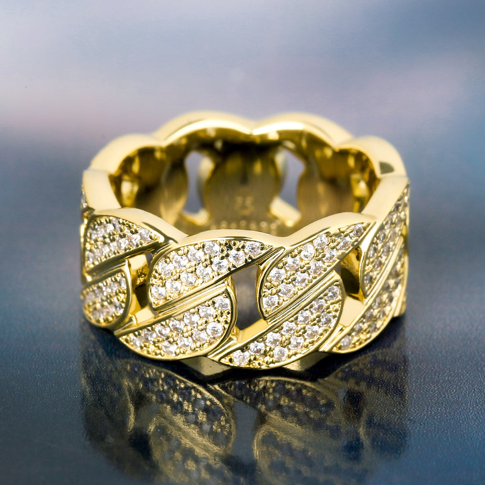 Iced Out Diamond CZ Cuban Mens Ring in 14K Gold KRKC