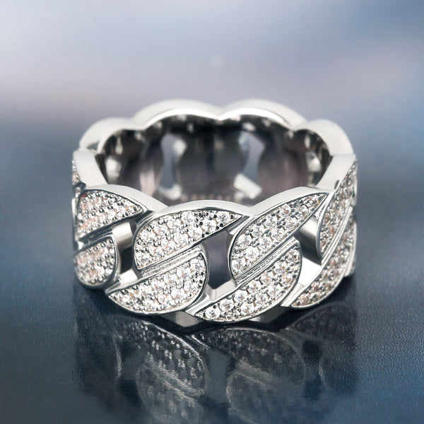 Iced Out Diamond CZ Cuban Link Mens Ring in White Gold