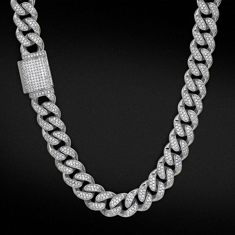 Iced Box Clasp Cuban Link Chain (12mm) for Men's in White Gold – kankco