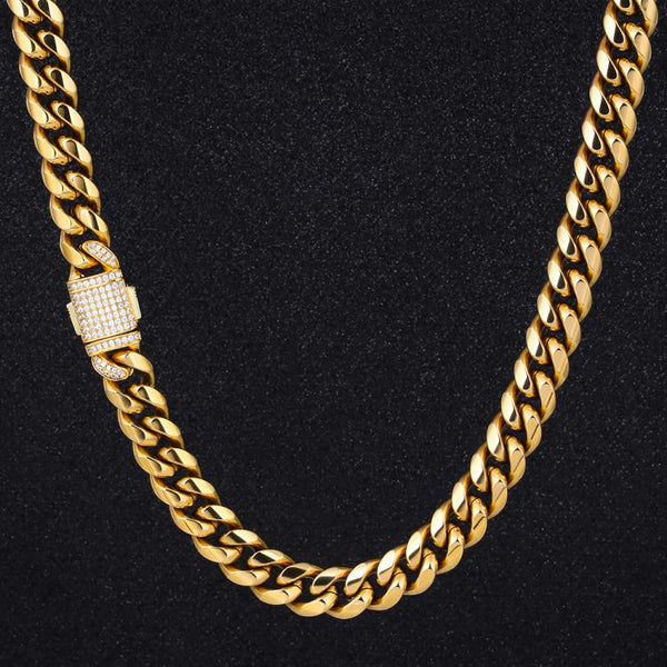 Diamond Clasp Miami Cuban Link Chain (12mm) in 18K Gold for Men's