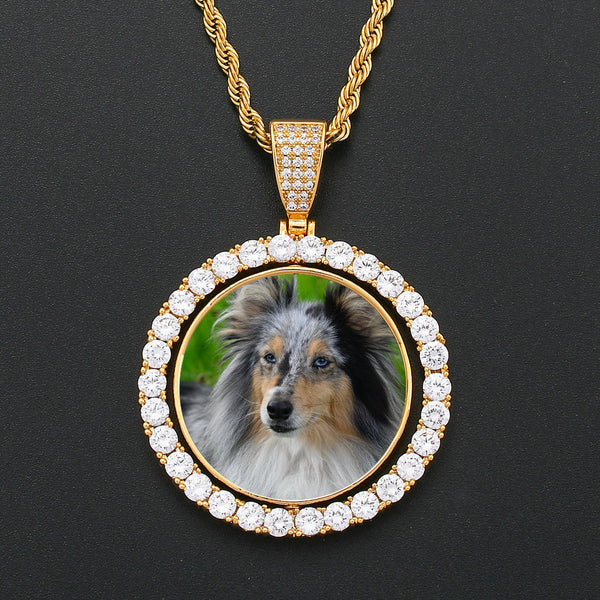 Iced Out Custom Double Sided Rotated Round Picture Moissanite Necklace Photo Pendant