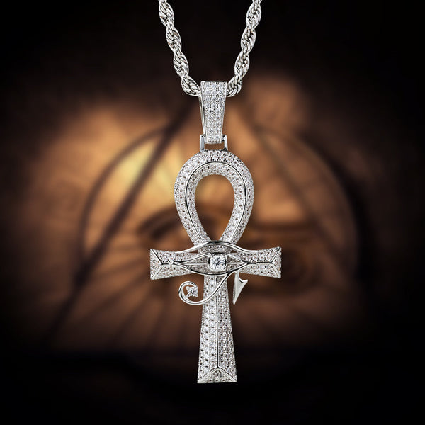 Iced Out The Eye Of Horus Ankh Mens Cross Pendant in White Gold KRKC 