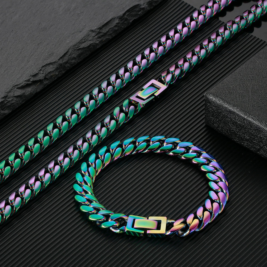 10mm Rainbow Miami Cuban Link Chain and bracelet set-krkcom