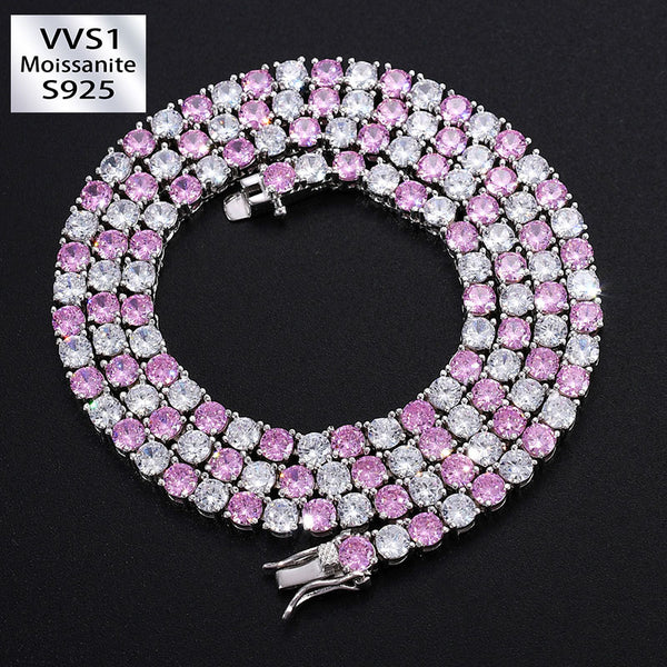 S925 4mm Moissanite Pink and White Tennis Chain