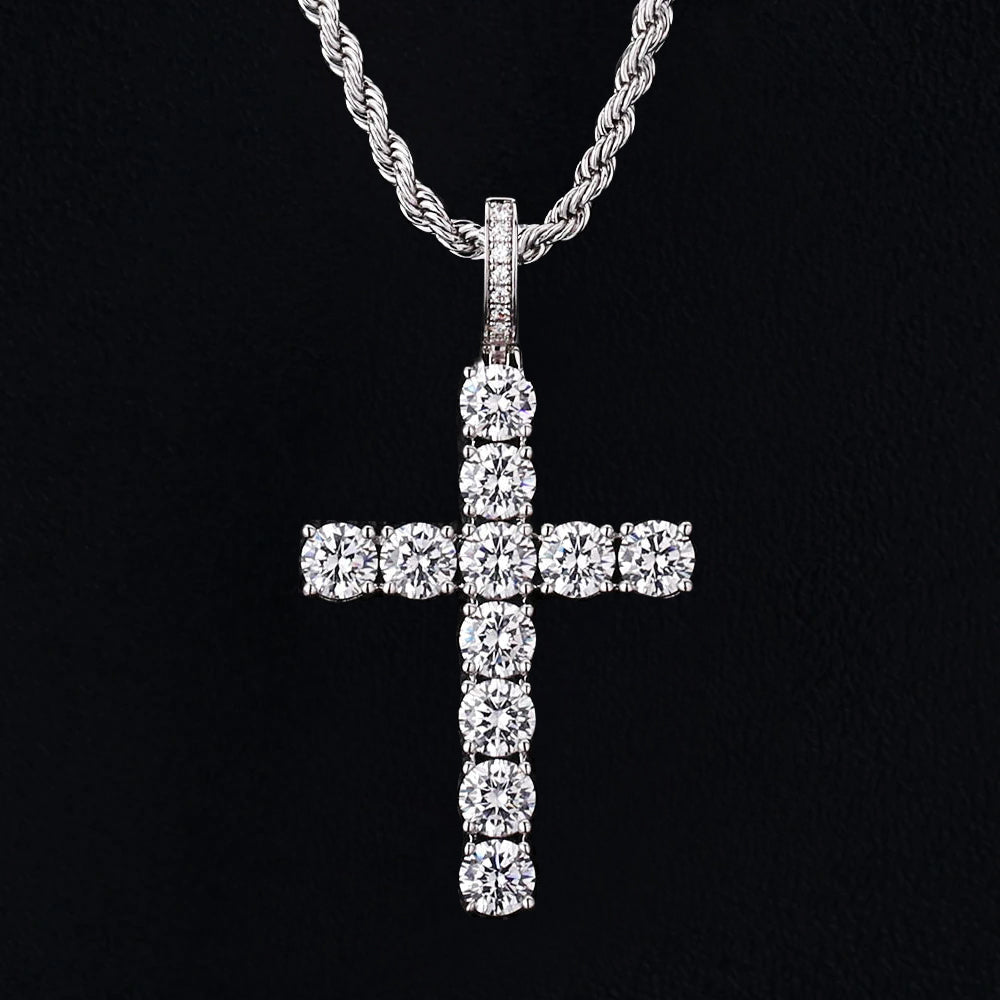 Iced Out Mens Cross Pendant Necklace in White Gold KRKC
