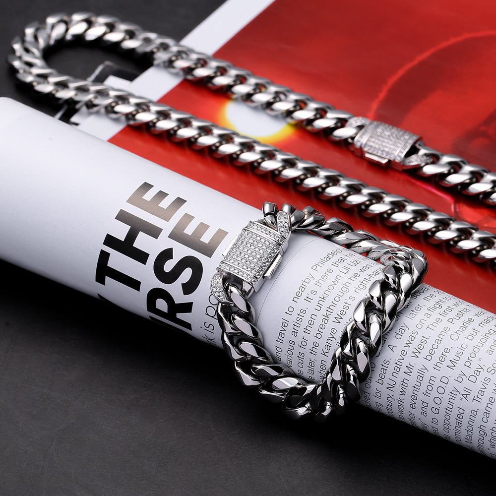12mm Iced Miami Cuban Link Chain and bracelet set White Gold Plated-krkcom