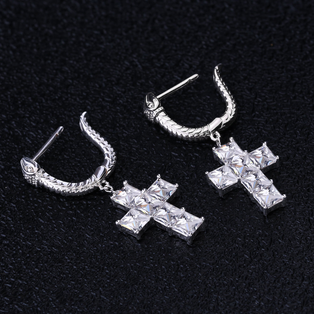Cross Earrings with Snake Hoop in 925 Sterling Silver-krkcom