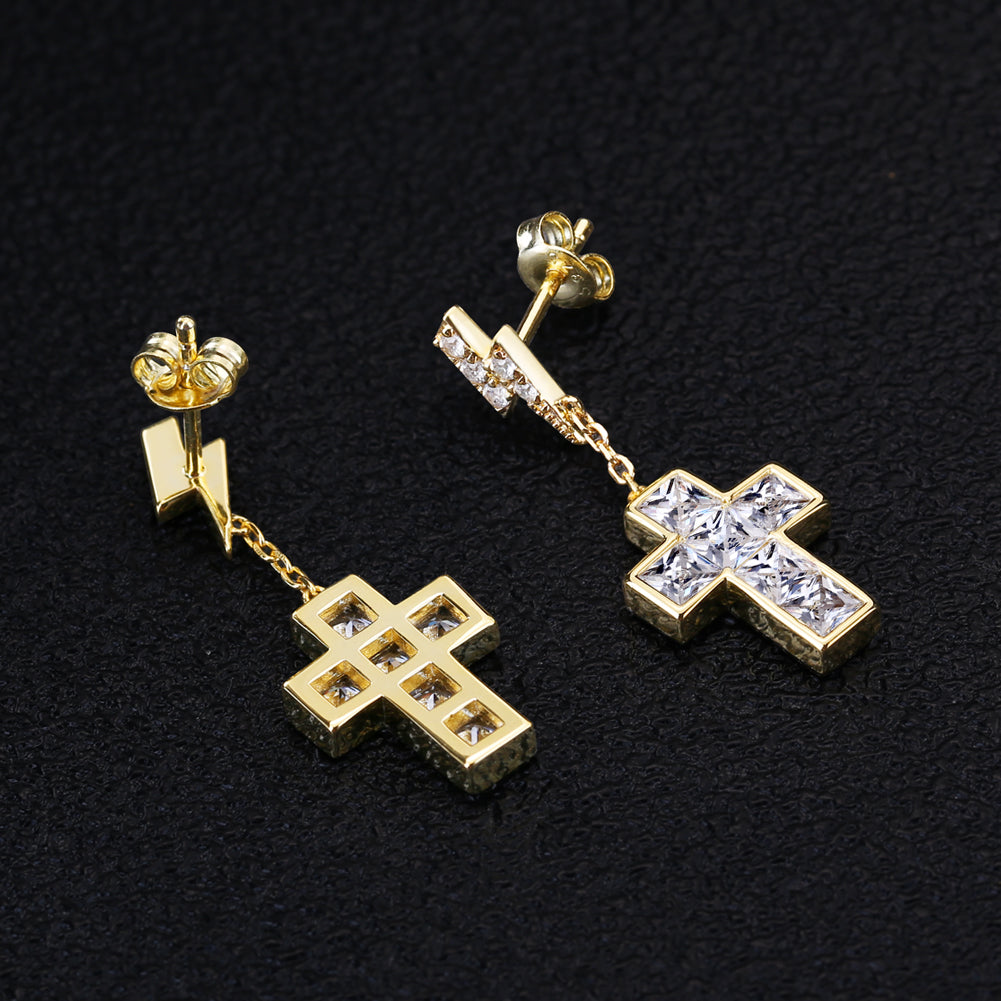 Diamond Stud Earrings for Men with Gold Cross in 14K Gold