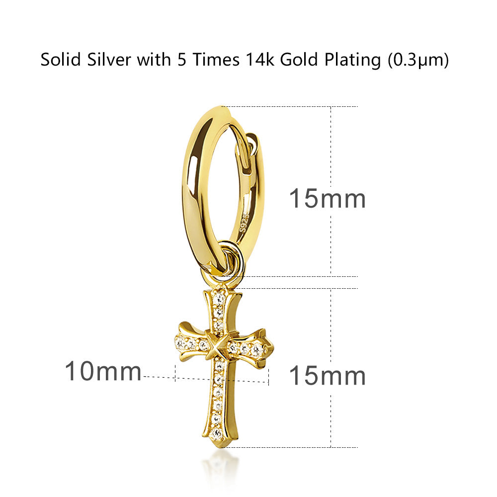 S925 14K Gold/White Gold Diamond Dangle Cross Mens Earrings (15mm)