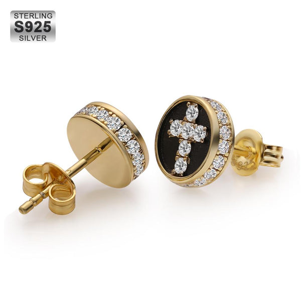 Diamond Round Stud Cross Earrings for Men in 14K Gold KRKC