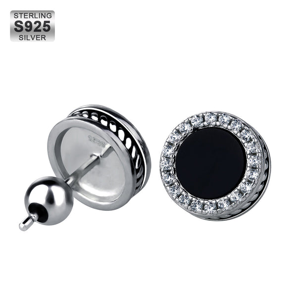 S925 Round Black Onyx Diamond Stud Earrings for Men