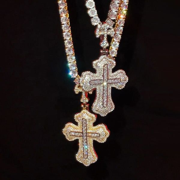 Iced Princess Cut Double Cross Pendant（FREE Chain Included）
