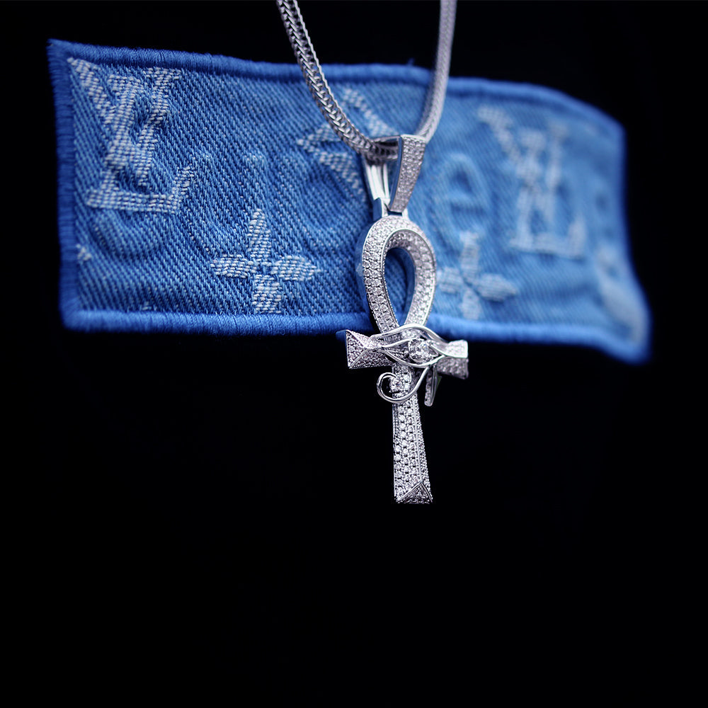 Iced Out The Eye Of Horus Ankh Mens Cross Pendant in White Gold KRKC 