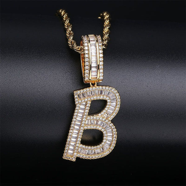 Iced Out Baguette Cut Letters Pendant Name Necklace in White Gold/Gold