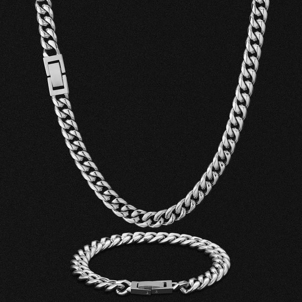 8mm Mens Miami Cuban Link Chain and Bracelet Set in White Gold