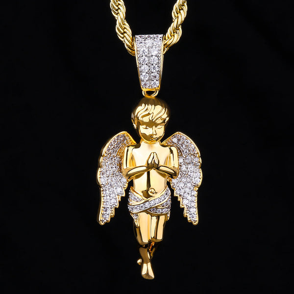Iced Out Mens Angel Pendant Necklalce in 14K Gold/White Gold