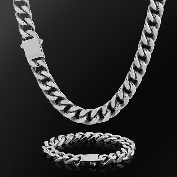 14mm Miami Cuban Link Curb Chain and Bracelets Set with Hook Buckle Clasp