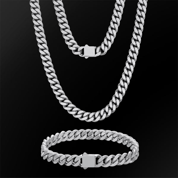 8mm Miami Cuban Link Curb Chain and Bracelets Set with Hook Buckle Clasp