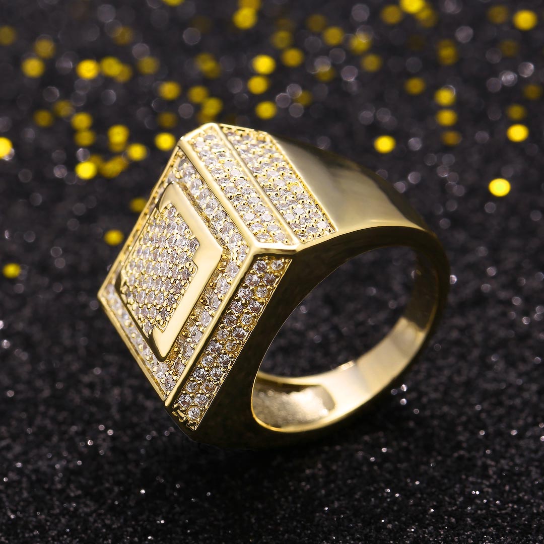 Diamond CZ Retro Cubist Mens Ring in 14K Gold KRKC