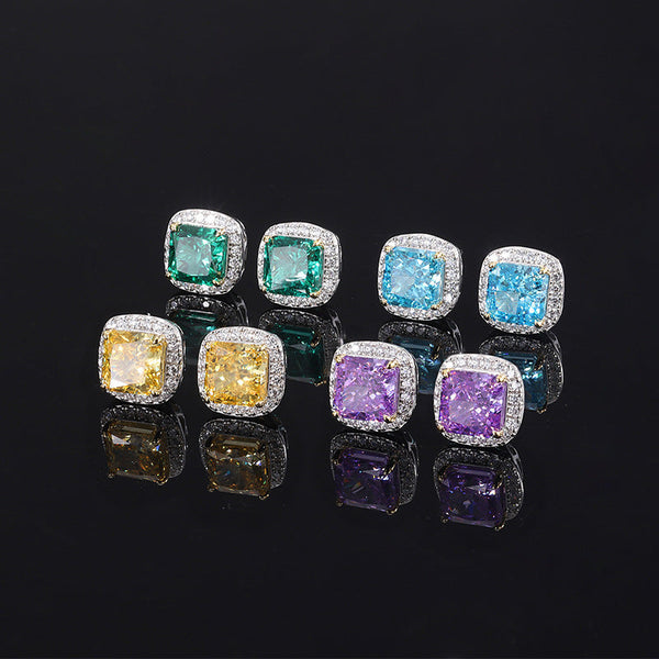 S925 Silver 8mm Diameter Colored Square Flower Cut Earrings