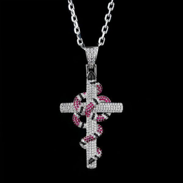 Iced Out Twisted Snake Cross Pendant Necklace in White Gold