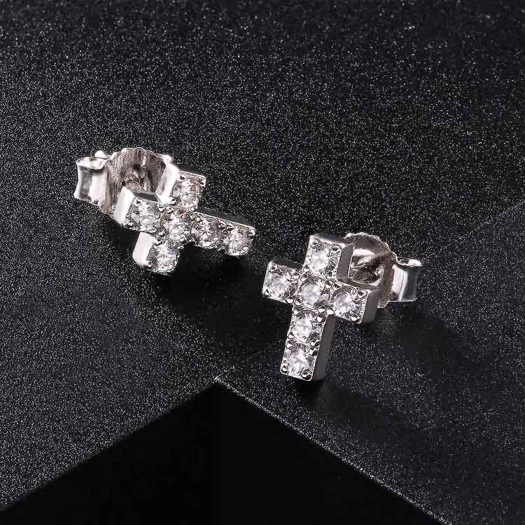 Iced Cross Stud Earrings in 925 Sterling Silver